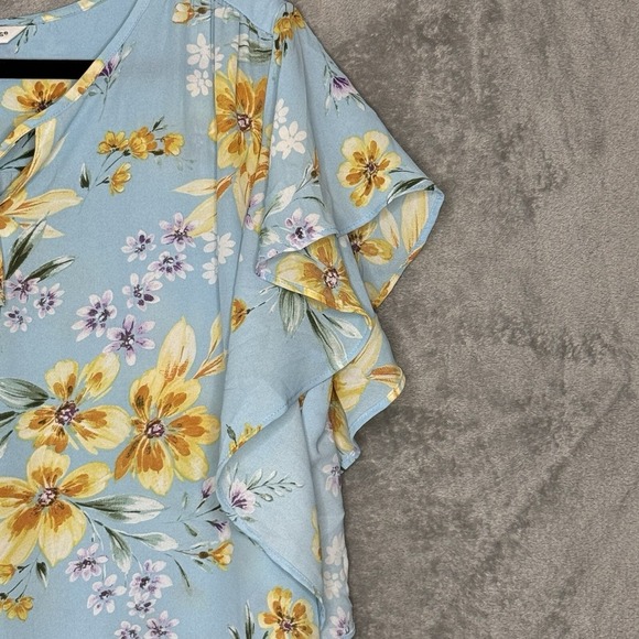 Counterparts XL Top Shirt Blue Floral Flower Cap Short Sleeve Keyhole Scoop Neck - Picture 4 of 8